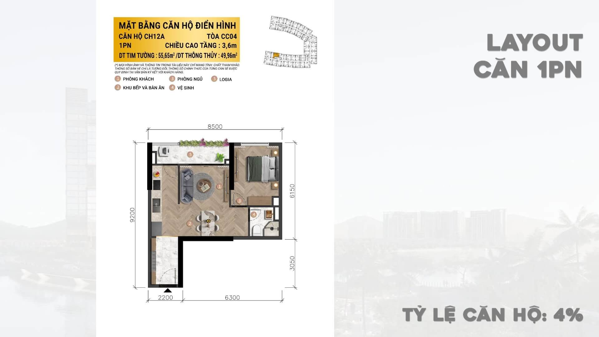 thiết kế căn hộ 1 phòng ngủ dự án charmora city nha trang